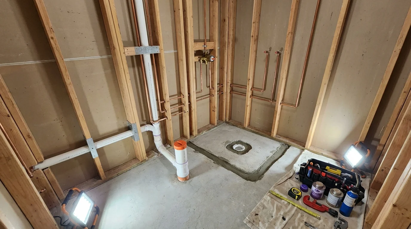 Bathroom rough-in plumbing during remodel by Johns Plumbing LLC in Liverpool