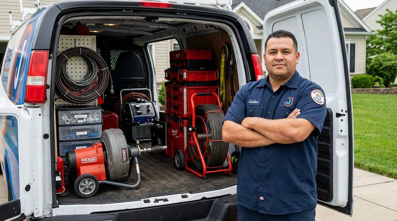 Professional drain cleaning equipment and Johns Plumbing LLC plumber in Liverpool