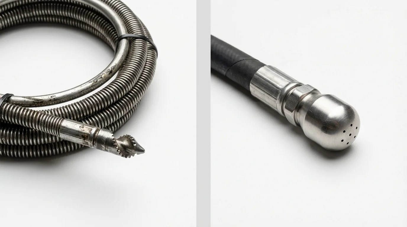 Drain snake cable and hydro jetting nozzle used for drain cleaning in Liverpool, NY