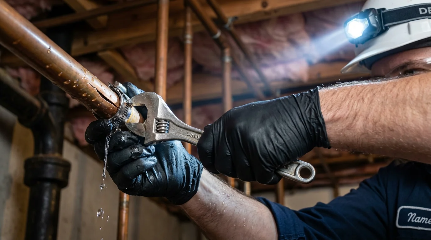 Emergency pipe clamp repair being performed by a Johns Plumbing LLC plumber in Liverpool