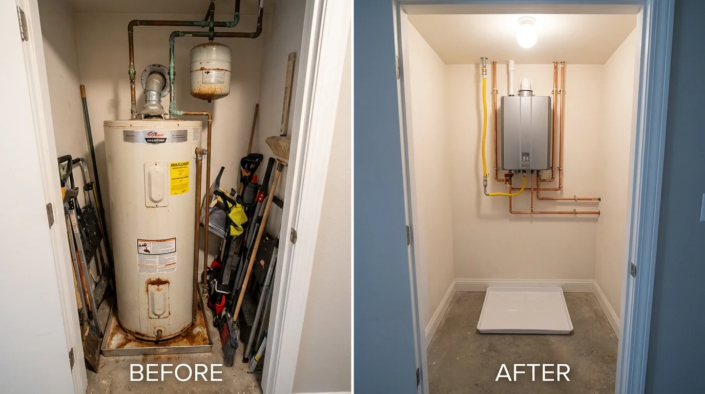 Tank water heater versus wall-mounted tankless unit comparison for Liverpool, NY homeowners