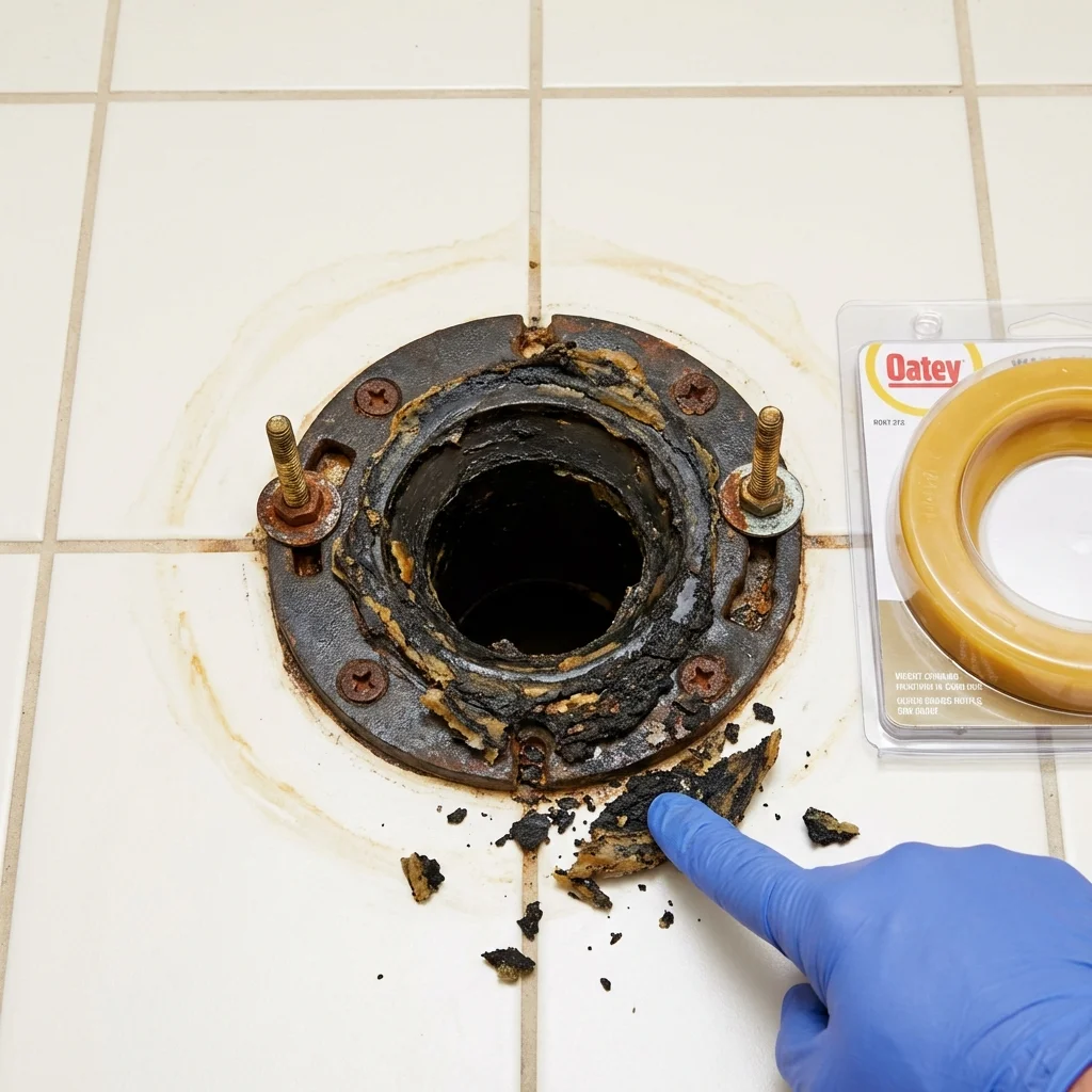 Failed wax ring showing water seepage at the base of a toilet in a Liverpool, NY home