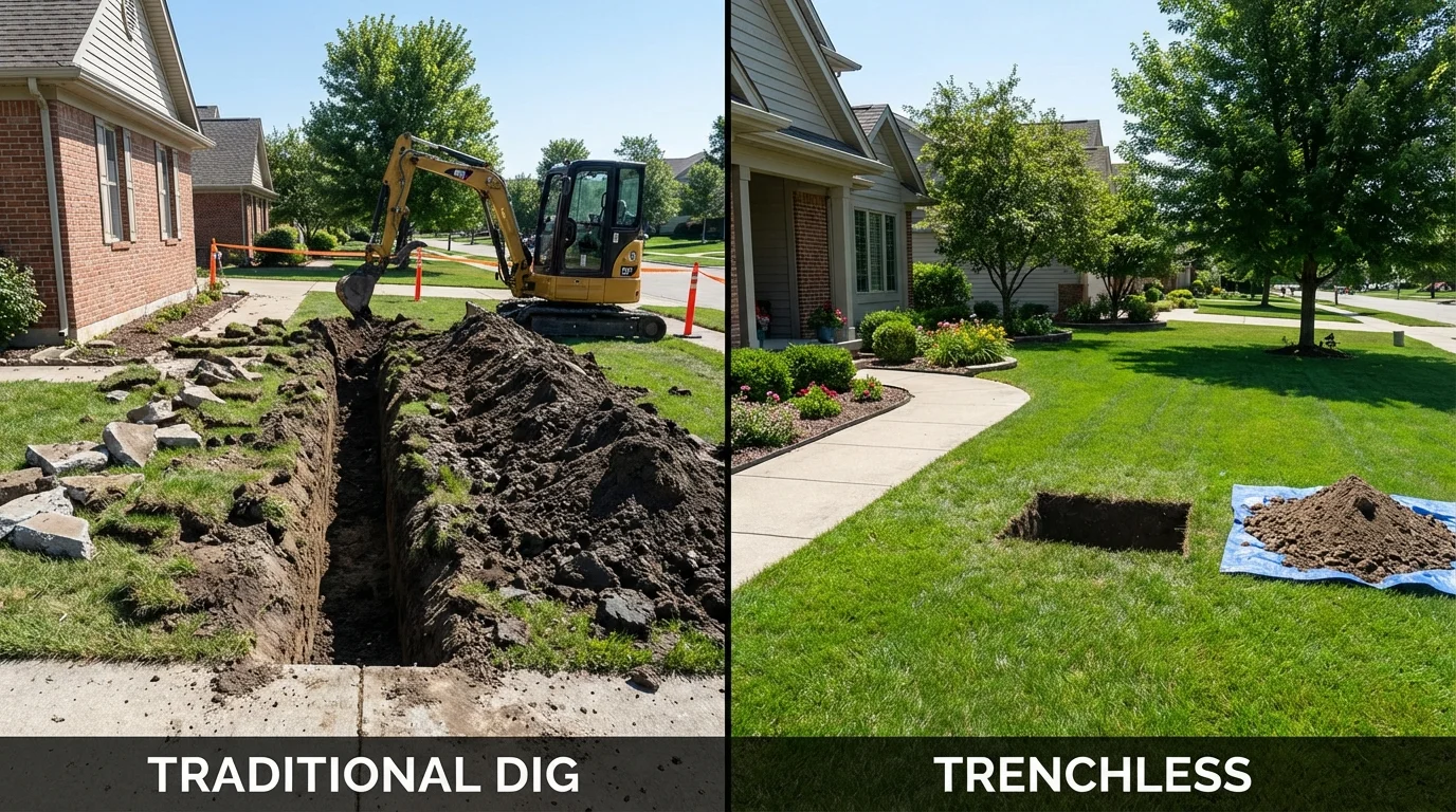 Trenchless sewer repair with minimal yard damage versus traditional excavation in Liverpool, NY