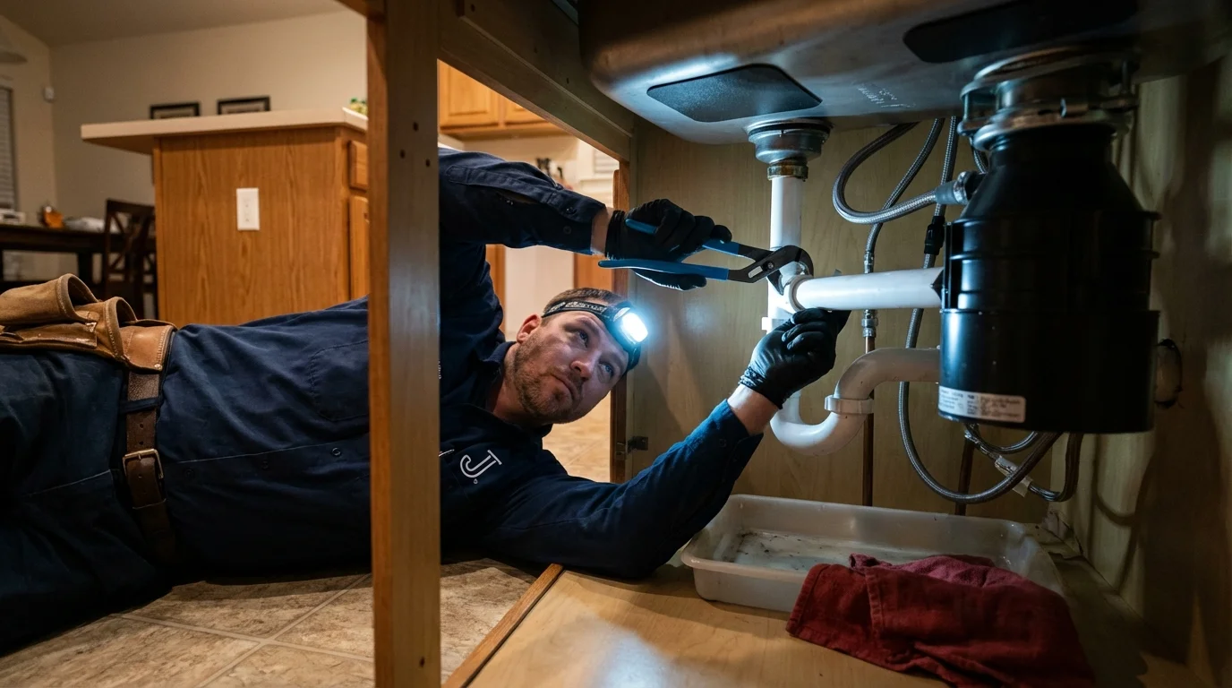 P-trap and supply line connections under a kitchen sink showing a common leak point in Liverpool, NY
